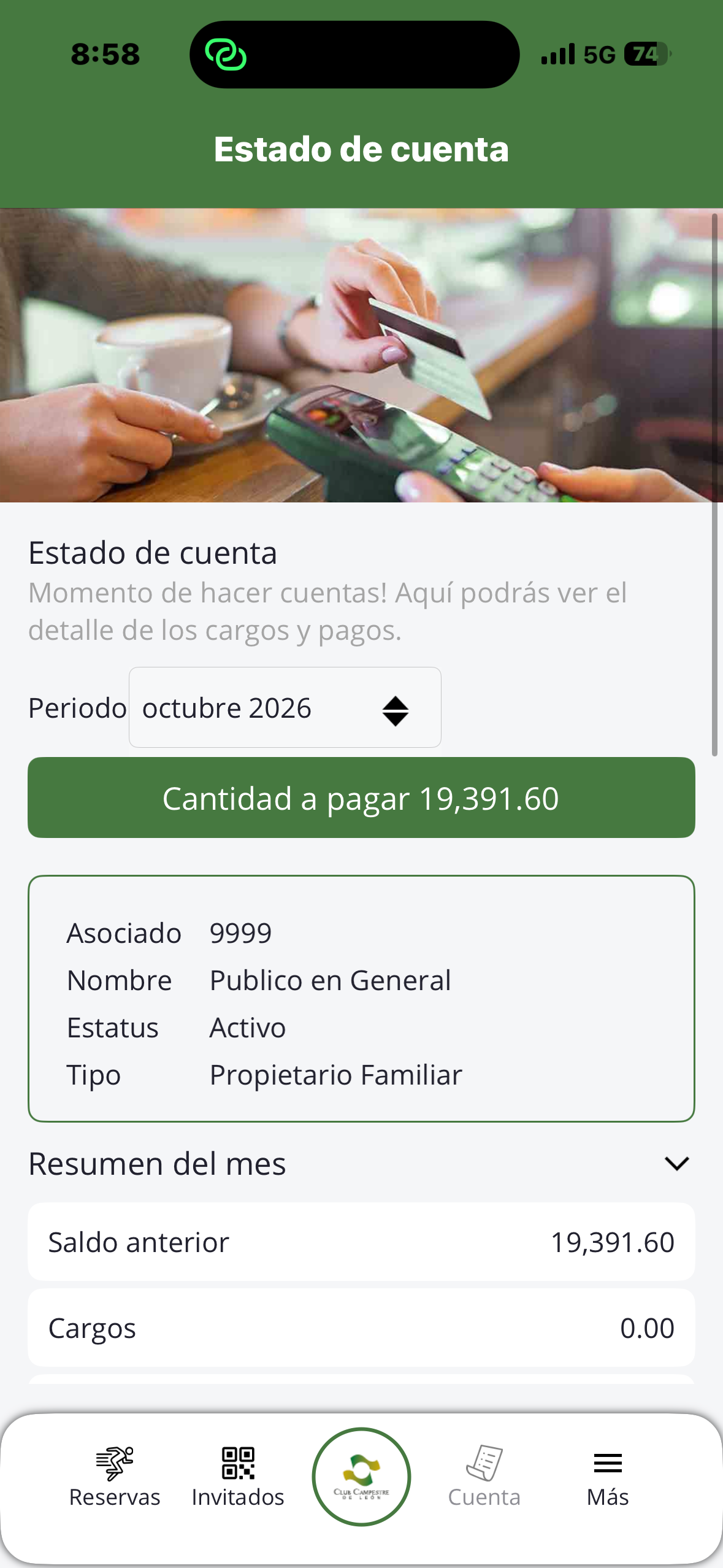 Pantalla de estado de cuenta de la aplicación
